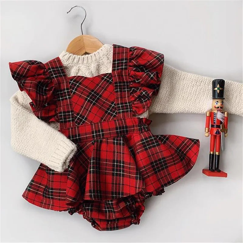 Xmas 0-24M Baby Girls Boys Rompers+Headband Plaid Print Ruffles Short Sleeve Backless Jumpsuits