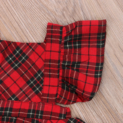 Xmas 0-24M Baby Girls Boys Rompers+Headband Plaid Print Ruffles Short Sleeve Backless Jumpsuits