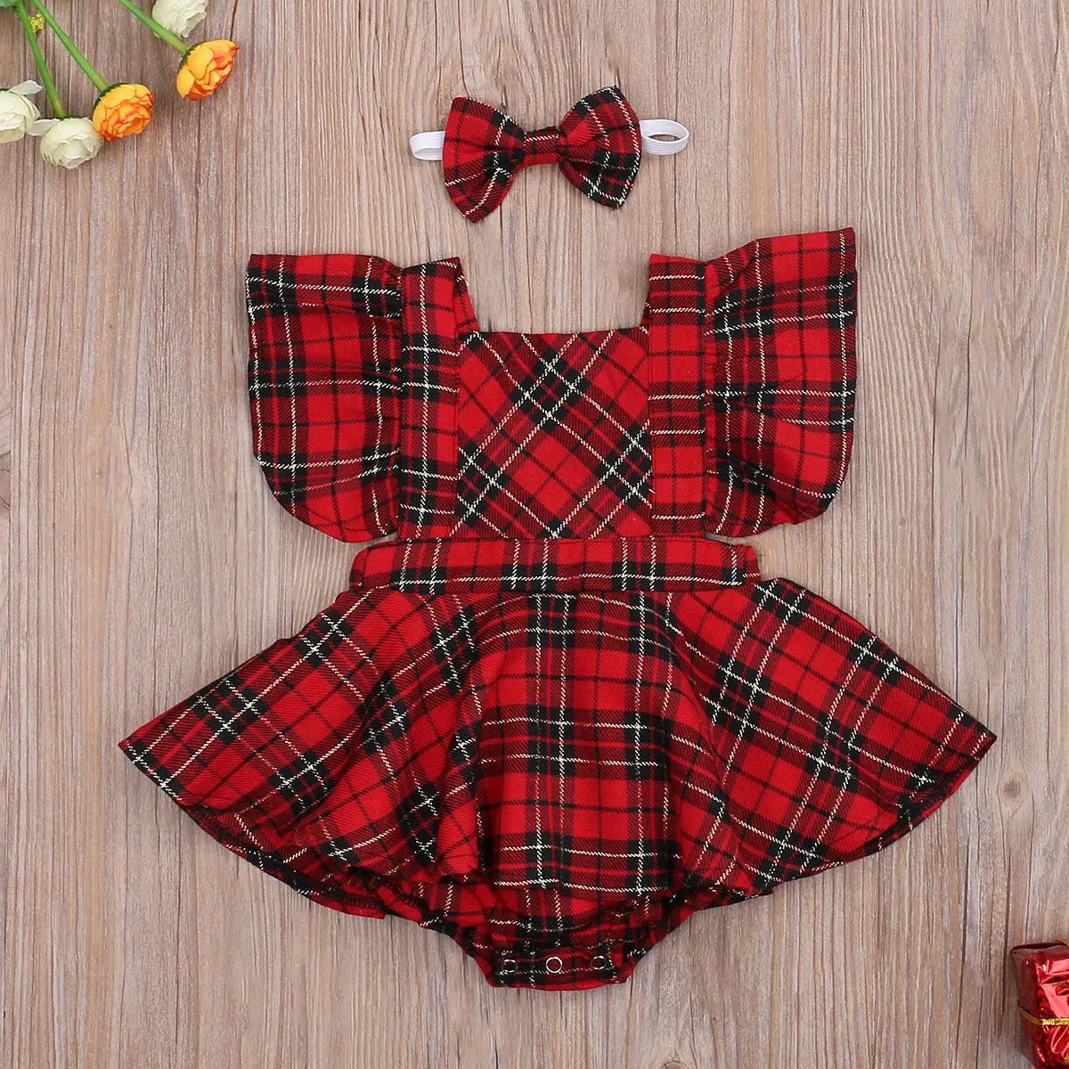 Xmas 0-24M Baby Girls Boys Rompers+Headband Plaid Print Ruffles Short Sleeve Backless Jumpsuits