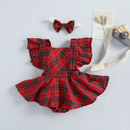 Xmas 0-24M Baby Girls Boys Rompers+Headband Plaid Print Ruffles Short Sleeve Backless Jumpsuits